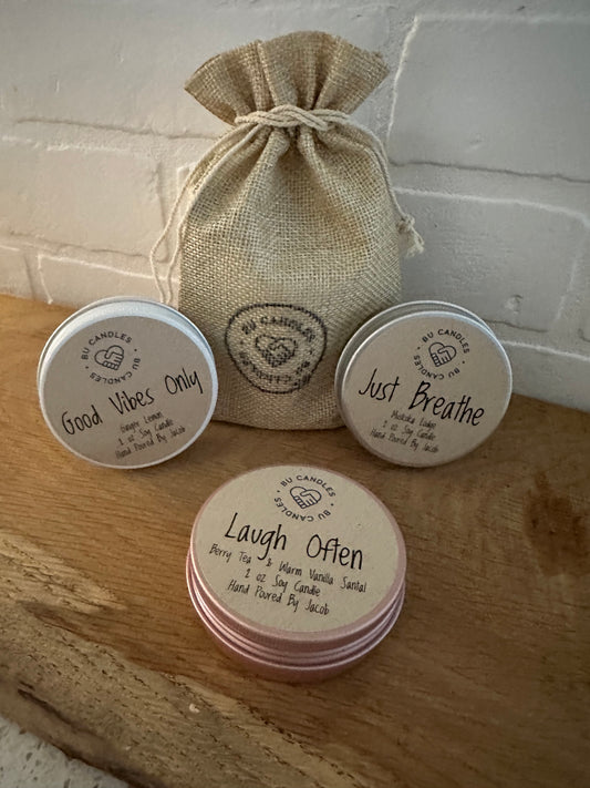 Spring Trio Pack - Three- 2 oz Soy Wax Candle Travel Tins in a Burlap Pouch